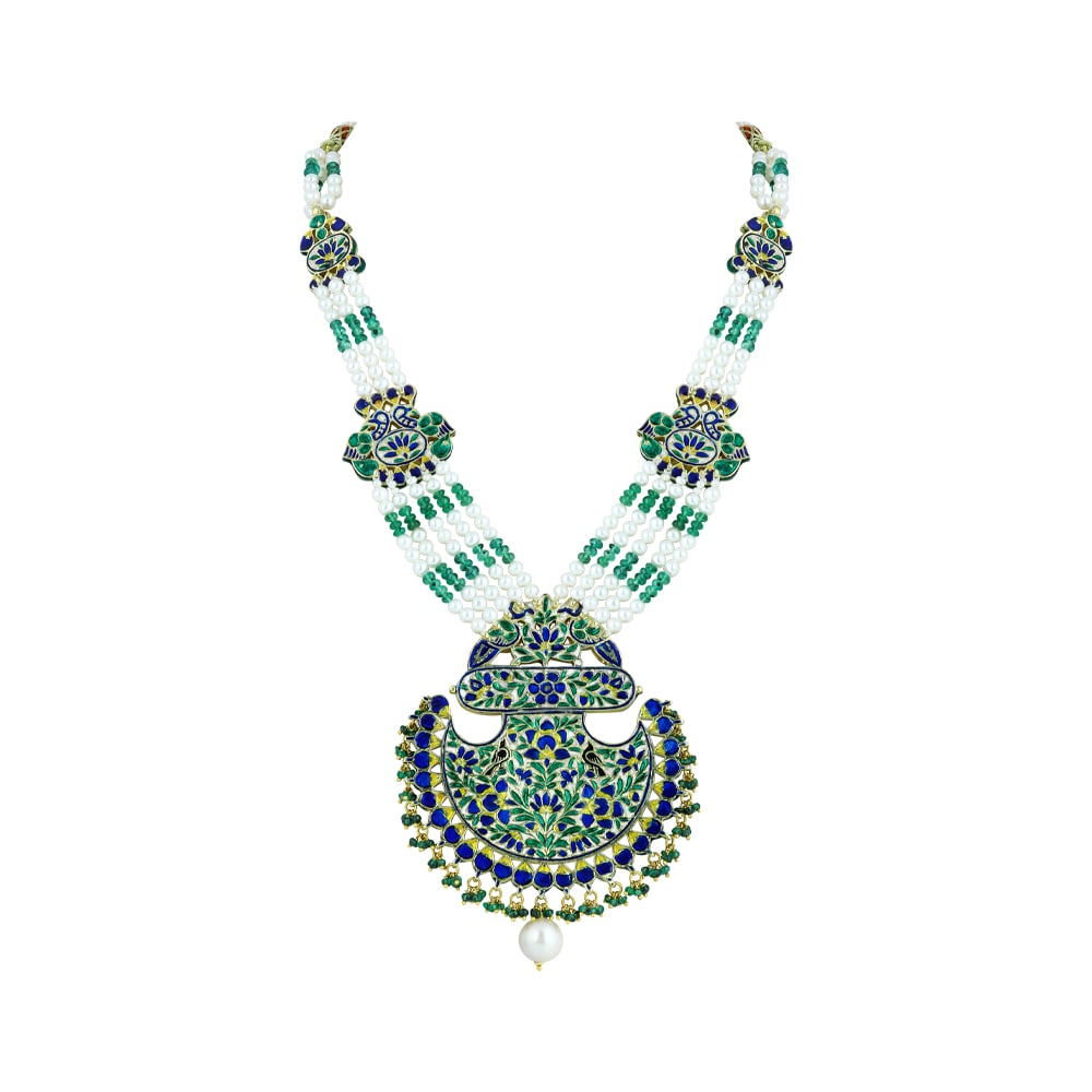 Red Enamel Polki Pendant Necklace with Pearls & Emerald Beads